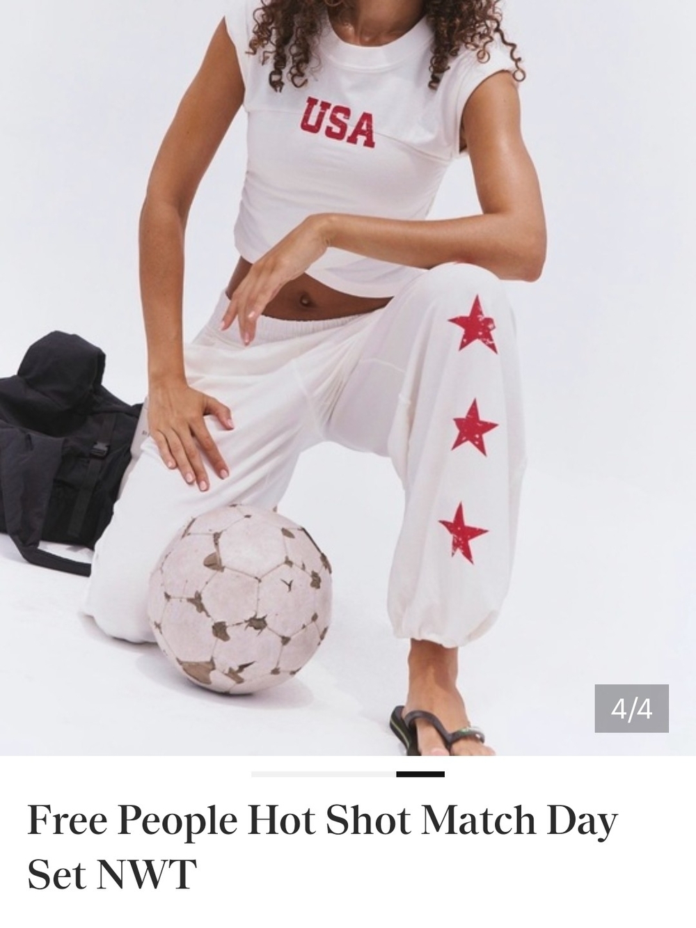 Free People White Jogger Pants with Red Star Accents